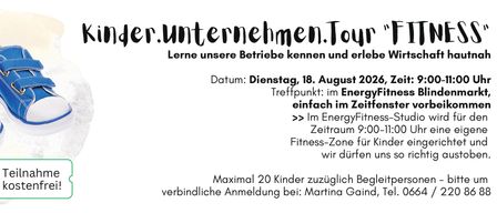 Veranstaltung von 'ter.unternehmen.' Lernen Sie unser Unternehmen kennen. Datum: Dienstag, 18. August. Treffpunkt: einfach. Ort: Fitness-Z wir werden. Maximal 20 Kinder. Kontaktieren Sie Martin für die Anmeldung.