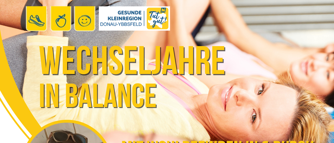 Anzeige für einen sechswöchigen Kurs namens 'Wechseljahre in Balance', geleitet von Josefa Fasching, einer Hebamme. Die Kursgebühr beträgt €100 pro Person. Er beginnt am 5. Oktober 2026, von 18:00 bis 19:30 Uhr, jeden Montag, Mittwoch, Freitag, Dienstag, Donnerstag und Samstag.