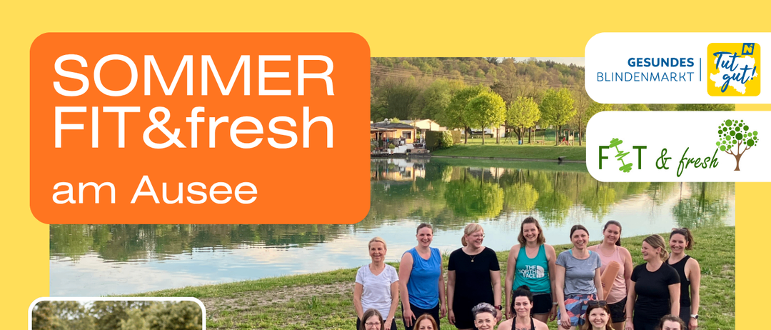 Werbeposter für Fitnesskurse am Ausehe. Frauen trainieren mit verschiedenen Geräten. Anmeldeinformationen und Termine werden bereitgestellt.