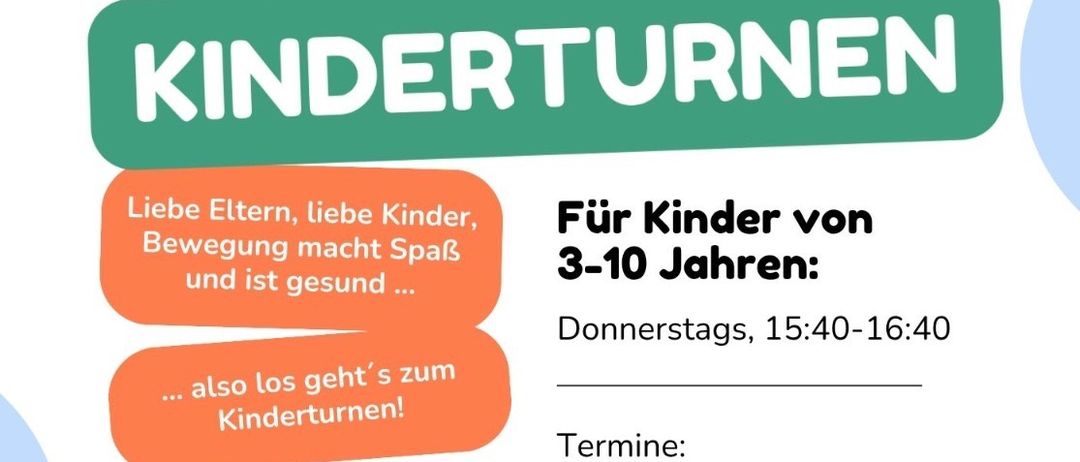 Plakat für Kinderturnen-Gymnastikkurse für Kinder im Alter von 3-10 Jahren, die donnerstags von 15:40-16:40 in der Turnhalle Hauptschule Blindenmarkt stattfinden. Termine aufgelistet. Preis: €50.