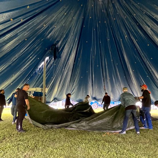 Eine Gruppe von Menschen richtet ein blaues Zelt mit einer sternförmigen Innenausstattung auf einem Rasenfeld auf.