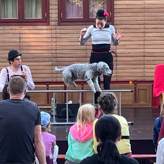 Eine Frau steht auf einem Seil mit einem Hund, während Kinder und Erwachsene von unten zusehen. Der Hund springt und die Frau hält ihre Arme ausgestreckt.