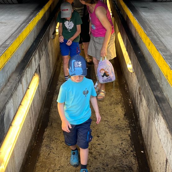Ein junger Junge geht mit zwei Erwachsenen und einem Mädchen durch einen Tunnel und hält einen Rucksack. Der Tunnel ist eng mit gelben Streifen an den Seiten.