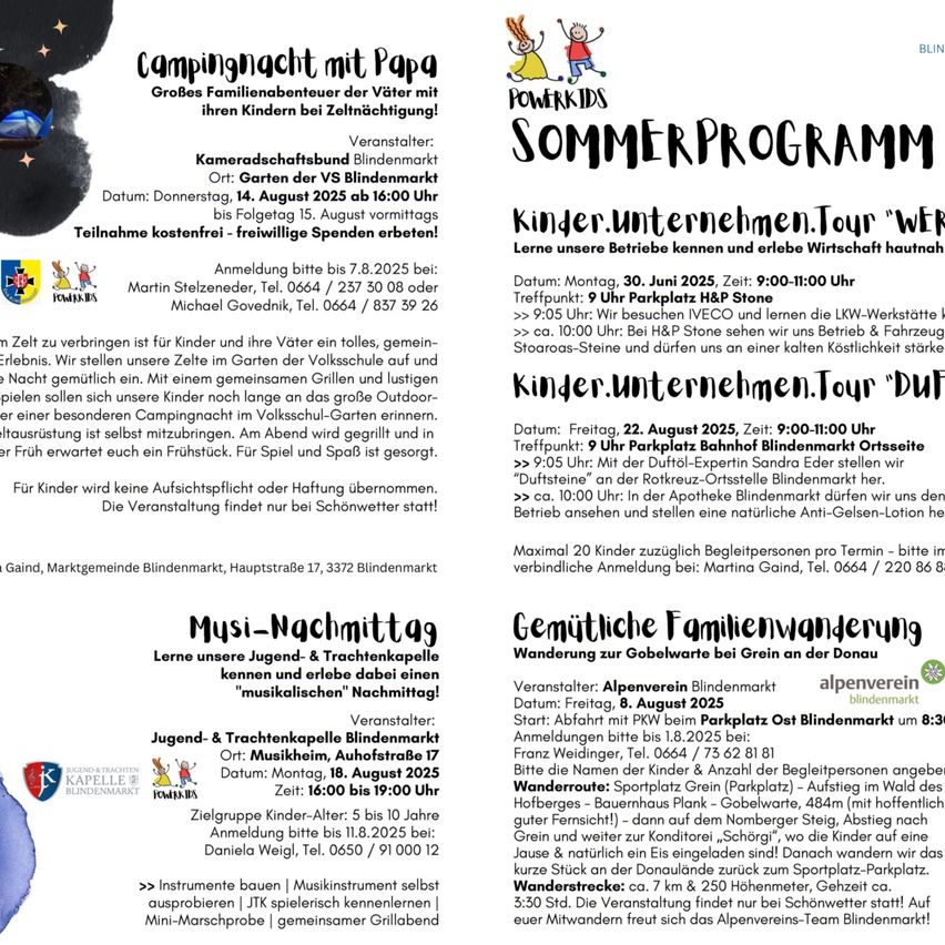 Campingnacht mit Papa. Großes Familienabenteuer mit Vätern mit ihren Kindern bei Zeltnacht. Veranstaltet: Kameradschaftsbund Blindenmarkt. Ort: VS Blindenmarkt. Datum: 14. August 2025 ab 16:00 Uhr bis 15. August vormittags. Teilnahme kostenlos - freiwillige Spenden erwünscht!