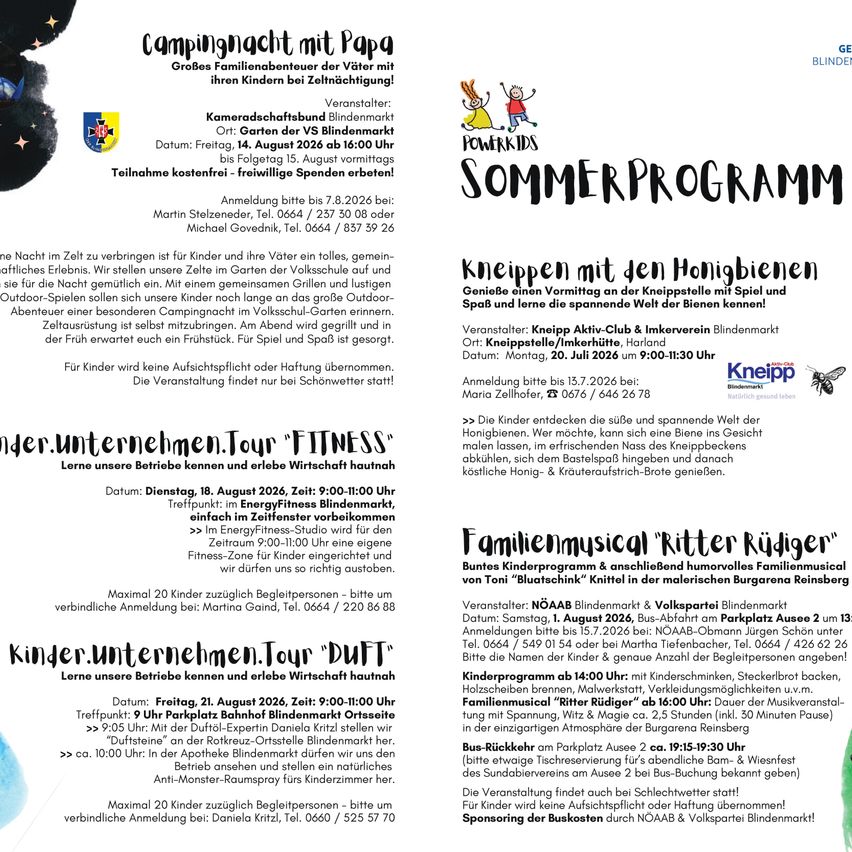 Campingnacht mit Papa. Großes Familienabenteuer der Väter mit ihren Kindern bei Zeltplatz. Freitag, 14. August 2026 ab 16:00 Uhr bis Freitag, 15. August 2026 vormittags. Teilnahme kostenlos - freiwillige Spenden erwünscht. Anmeldung bitte bis 7.8.2026 bei Martin Stelzender, Tel. 0664 / 257 30 08 oder Michael Godav, Tel. 0664 / 837 59 26.