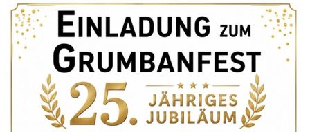 Plakat für das 25. jährliche Grumbanfest mit einem Kartoffel-Maskottchen, musikalischer Unterhaltung von Donatus und verschiedenen Aktivitäten wie einer Hüpfburg, Kaffee und Kuchen und einem Grillfest. Die Veranstaltung ist für Samstag, 8. August 2026, im Biotop geplant.