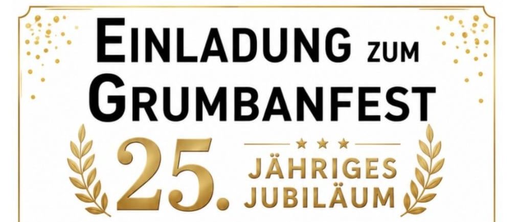 Plakat für das 25. jährliche Grumbanfest mit einem Kartoffel-Maskottchen, musikalischer Unterhaltung von Donatus und verschiedenen Aktivitäten wie einer Hüpfburg, Kaffee und Kuchen und einem Grillfest. Die Veranstaltung ist für Samstag, 8. August 2026, im Biotop geplant.