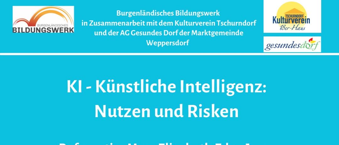 Ein Werbeplakat für einen Vortrag über künstliche Intelligenz. Es steht 'KI - Künstliche Intelligenz: Nutzen und Risiken'. Datum und Uhrzeit sind aufgeführt, ebenso der Veranstaltungsort.