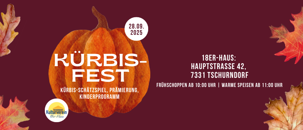 Plakat für das Kürbis-Fest mit einem Kürbis auf rotem Hintergrund, Datum 28.09.2025, und Informationen zum Ort und Aktivitäten.