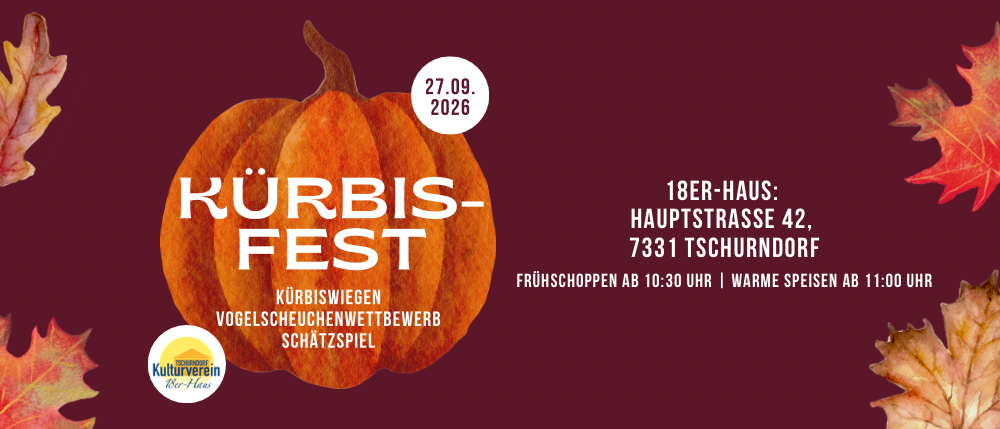 Plakat für die Kürbis-Fest Veranstaltung, mit einem Kürbis auf einem braunen Hintergrund und Informationen über Datum, Ort und Aktivitäten.