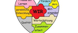 Ein herzförmiges Puzzle mit dem Wort 'WIR' in der Mitte, umgeben von Wörtern wie 'Freude am Lernen', 'Forder', 'Fordern', 'Miteinander', 'Qualität', 'Zusammenarbeit', 'persönliche Entwicklung'.
