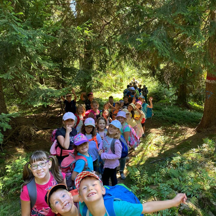Eine Gruppe von Kindern mit Rucksäcken geht in einer Reihe durch einen Wald. Sie lächeln und scheinen auf einem Schulausflug zu sein.