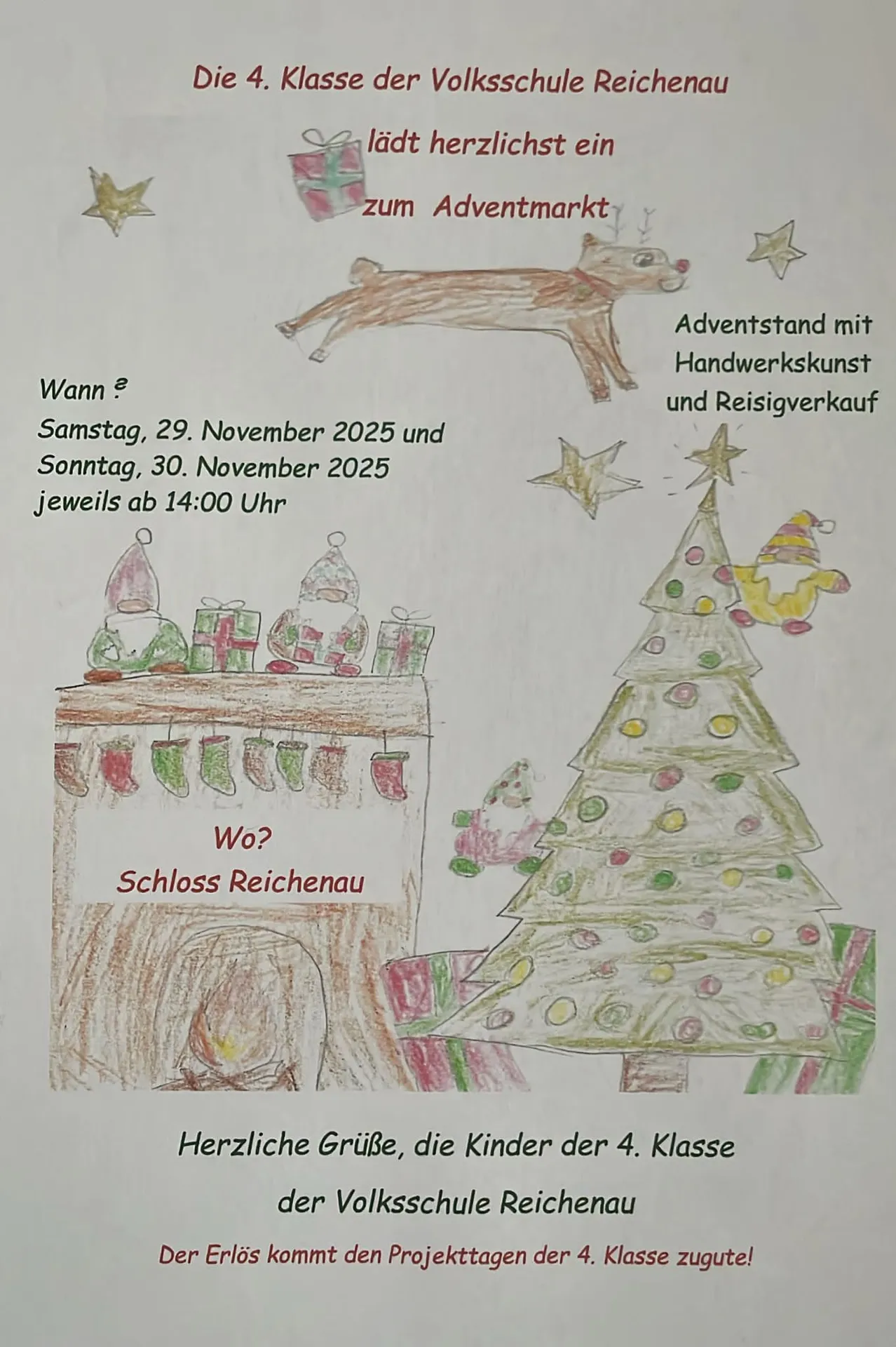 Ein Plakat zeigt einen Adventskalender mit Handwerkskunst und Geschenkverkauf im Schloss Reichenau am 29. und 30. November 2025 ab 14 Uhr. Die Zeichnung umfasst einen Kamin, einen Weihnachtsbaum, Sterne und einen Rentier.