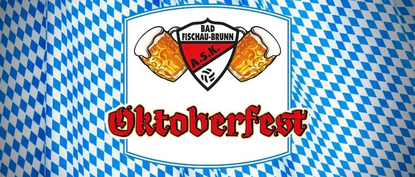 Ein blau-weiß karierter Hintergrund mit dem Logo von Bad Fischau-Brunn A.S.K. mit zwei Biergläsern. Darunter steht das Wort 'Oktoberfest' in Rot und Schwarz.