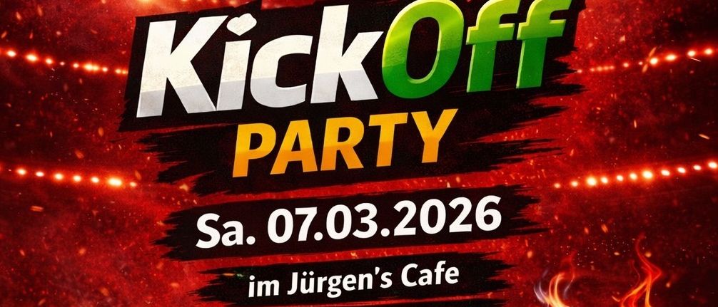 Poster for the ASK Kickoff Party on March 7, 2026, at Jürgen’s Cafe in Bad Fischau-Brunn. Starts at 20:00 with DJ Enzo. Features a soccer ball, two drinks, and a beer mug.