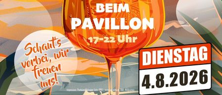Werbeplakat für PUL, eine Partyveranstaltung im Pavillon, die einen Afterwork-Spritz anbietet. Datum ist 4. August 2026. Zeit ist 17-22 Uhr.