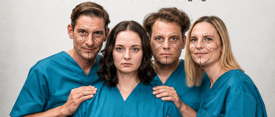 Plakat für eine Theateraufführung mit dem Titel 'OR PAUS... URE GOETHE', das vier Personen in blauen Kitteln mit Gesichtsmarkierungen zeigt. Der Text gibt an, dass die Veranstaltung am 18.09.2026 um 19 Uhr im Kollersaal stattfindet. Ticketpreise sind VVK: 15 €, Abendkasse: 20 €.