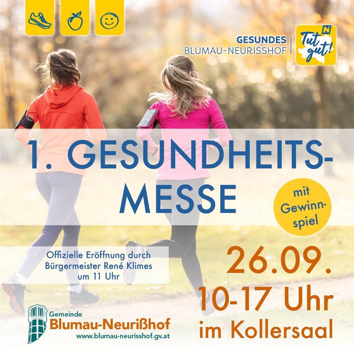 Plakat für die 1. Gesundheitsmesse in Blumau-Neurißhof, mit zwei joggenden Frauen, Veranstaltungsdetails und einem Logo.