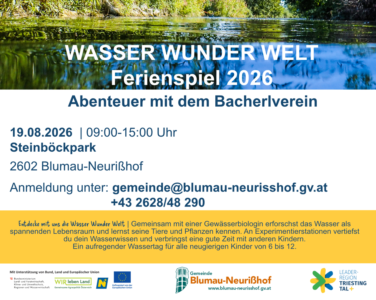 Poster for Wasser Wunder Welt Ferienspiel 2026, featuring a water body with reflections, and text in German. It includes event details, date, time, location, and contact information.