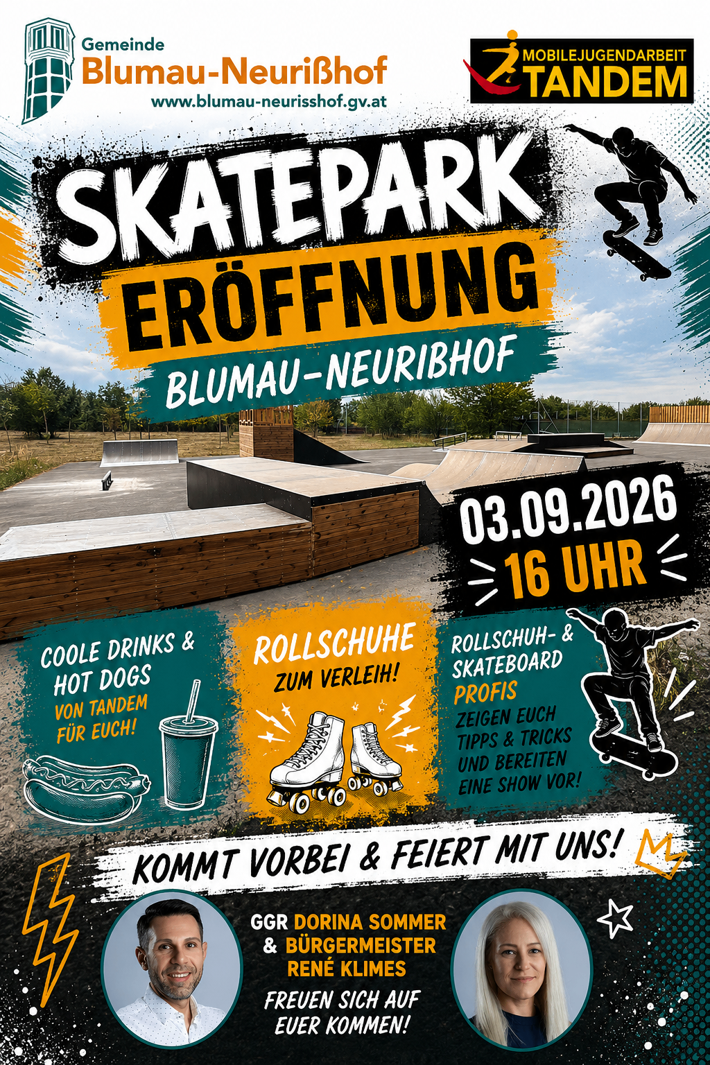 Poster for the opening of a skate park in Blumau-Neueribhof on September 3, 2026 at 4 PM. Features skateboard ramps, roller skates, and refreshments.