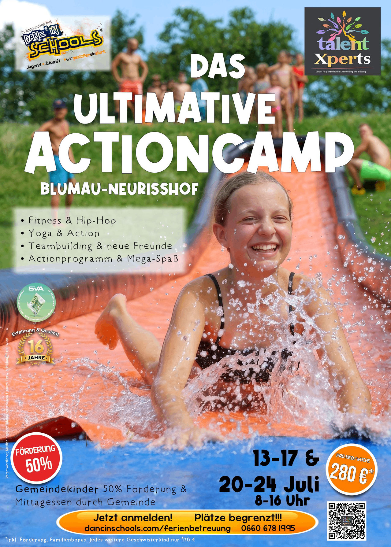 An advertisement for the Ultimate Actioncamp at Blumau-Neurisshof, featuring a smiling girl sliding down a water slide with various activities listed.