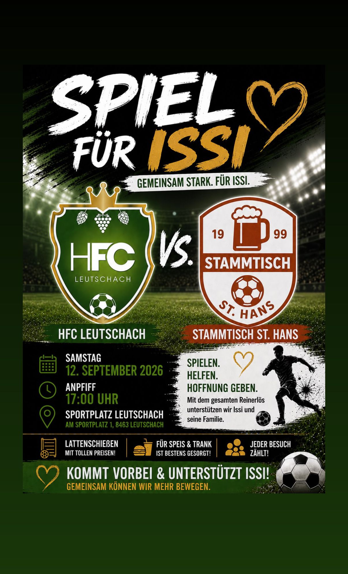 Poster for a soccer match between HFC Leutschach and Stammtisch St. Hans on September 12, 2026, at 5 PM. The poster features team logos, a soccer player, and a call to support a player named ISSI.