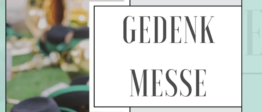Plakat für eine Gedenkmesse am 1. Juni um 10:15 Uhr. Es zeigt zwei Hüte und einige Musikinstrumente im Hintergrund.