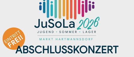 Poster for JuSoLa 2026 youth summer camp. Free entry. Closing concert on Thursday, July 16, 2026 at 19:00. Dorfhof, Markt Hartmannsdorf. Musical instruments illustration.