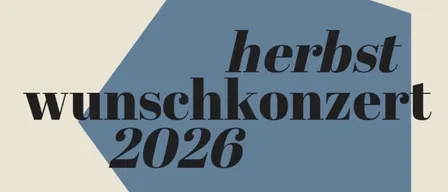 Plakat für ein Herbst Wunschkonzert im Jahr 2026, geplant für Samstag, 24. Oktober. Das Design zeigt eine blaue sechseckige Form mit weißem Text.