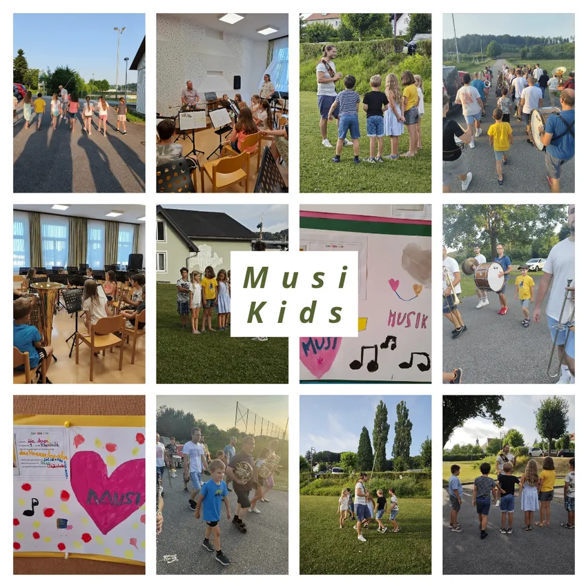 Eine Collage von Fotos, die Kinder beim Spielen von Instrumenten, beim Üben in einem Raum, beim Marschieren in einer Parade und bei Outdoor-Aktivitäten zeigt. Die Collage enthält verschiedene Musiknoten und die Worte 'Musi Kids' in der Mitte.