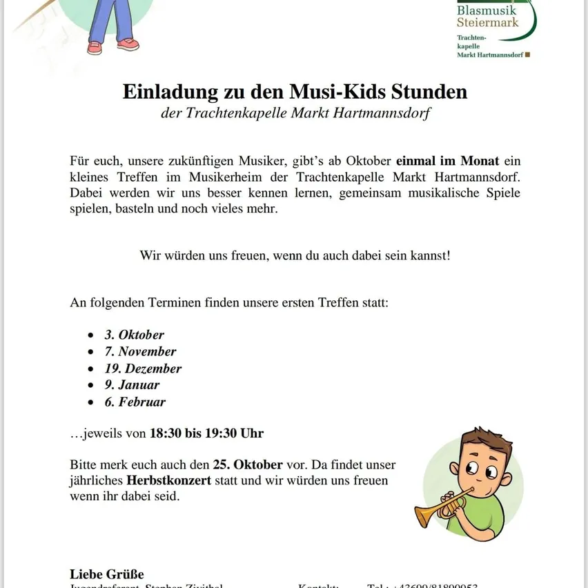 Einladung für zukünftige Musiker zu monatlichen Treffen im Musikhaus Mark Hartmannsdorf. Treffen beinhalten Spiele, Basteln und mehr. Geplante Termine sind 3. Oktober, 7. November, 19. Dezember, 9. Januar und 6. Februar, von 18:30 bis 19:30 Uhr. Jährliches Herbstkonzert am 25. Oktober.