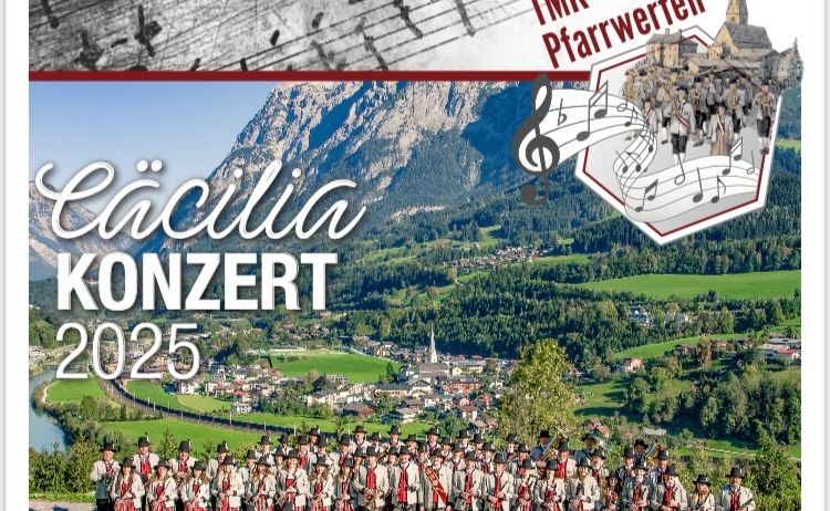 Ein Plakat kündigt das 'Cacilia Konzert 2025' an, mit einer Bergkulisse und einem Dorf im Hintergrund, das eine Gruppe von Musikern in traditioneller Kleidung zeigt. Musiknoten schweben über der Szene.