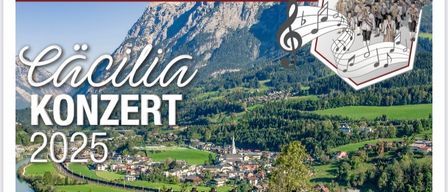 A poster announces the 'Cacilia Concert 2025' with a backdrop of mountains and a village, featuring a group of musicians dressed in traditional attire. Musical notes float above the scene.