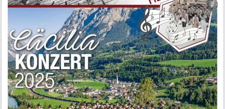 Ein Plakat kündigt das 'Cacilia Konzert 2025' an, mit einer Bergkulisse und einem Dorf im Hintergrund, das eine Gruppe von Musikern in traditioneller Kleidung zeigt. Musiknoten schweben über der Szene.