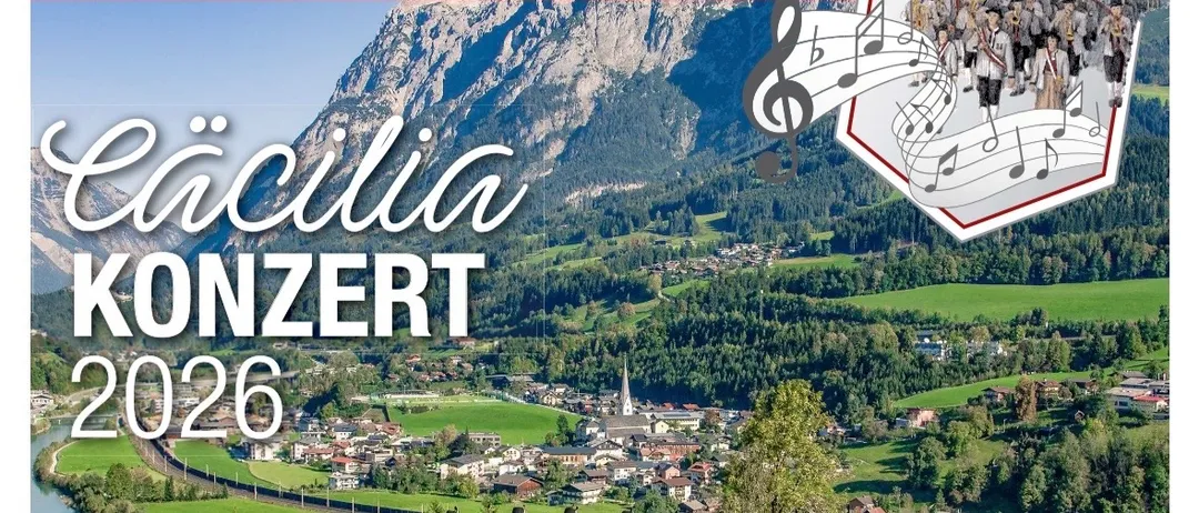 Ein Plakat für das Cacilia Konzert 2026, das eine Gruppe von Musikern in traditioneller Kleidung vor einem malerischen Berghintergrund zeigt.