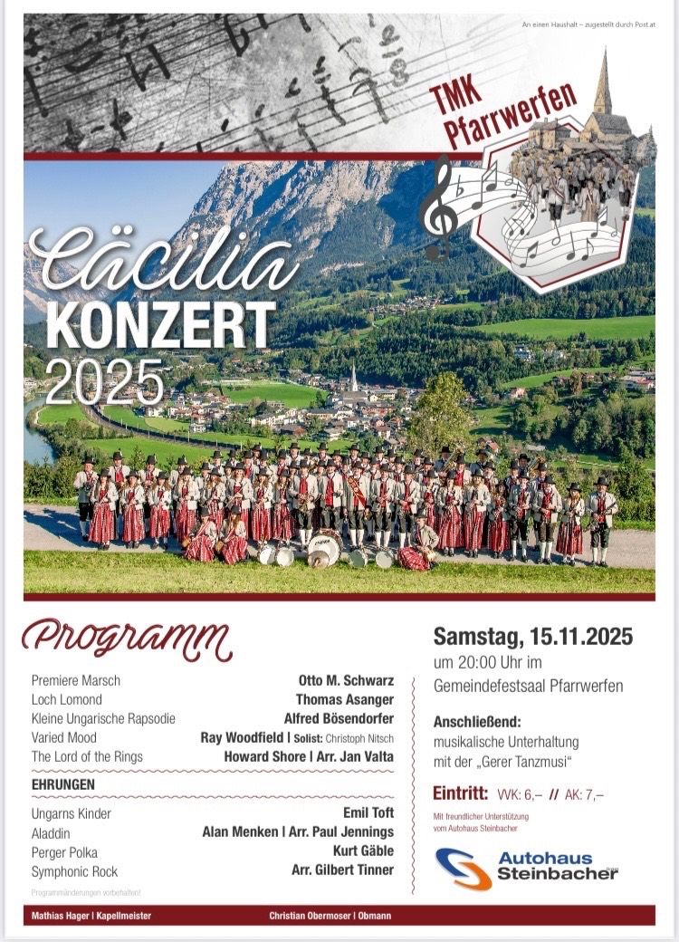 A poster for Cacilia Konzert 2025 featuring a marching band on a grassy field with mountains in the background. The event is scheduled for November 15, 2025, at 8:00 PM. The program includes musical pieces and a musical entertainment with the 'Gerer Tanzmusik'.