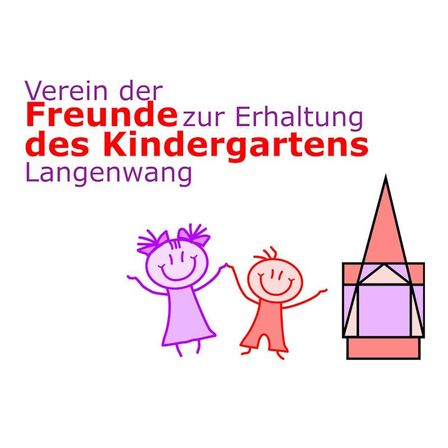 Illustration von zwei Kindern, die Händchen halten, mit einem lächelnden Gesicht. Der Text lautet 'Verein der Freunde zur Erhaltung des Kindergartens Langenwang.'