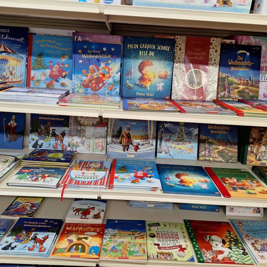 Ein Regal gefüllt mit Weihnachtsbüchern, darunter 'Die Nacht vor Weihnachten', 'Der Weihnachtsbaum' und 'Der kleine Weihnachtsbaum'. Jedes Buch hat einen festlichen Einband mit Weihnachtsmann, Rentieren und Schneeszenen.