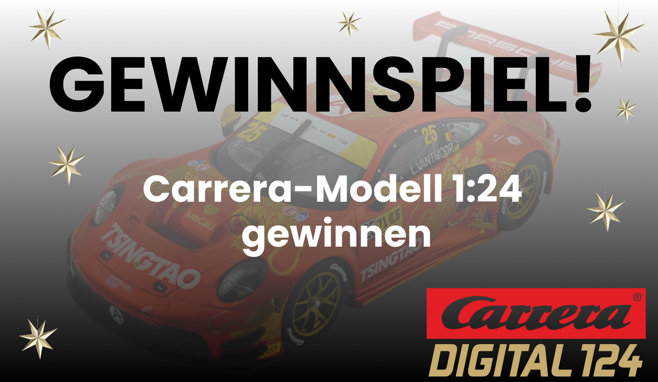 Ein Carrera-Modell im Maßstab 1:24 mit der Nummer 25 wird vor einem Carrera-Logo präsentiert. Das Bild wirbt um die Chance, das Carrera-Modell zu gewinnen.
