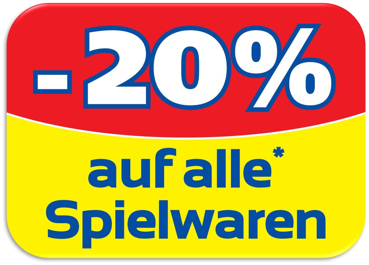 Ein Werbeschild mit rotem und gelbem Hintergrund, das einen fetten '20%' Rabatt auf alle Spielwaren anbietet. Der Text 'auf alle Spielwaren' ist blau.