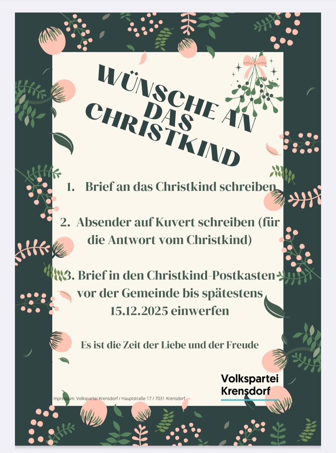 Plakat zum Schreiben von Briefen an das Christkind. Anweisungen umfassen das Verfassen eines Briefes, das Versenden und die Frist bis zum 15.12.2025. Das Plakat betont Liebe und Freude.