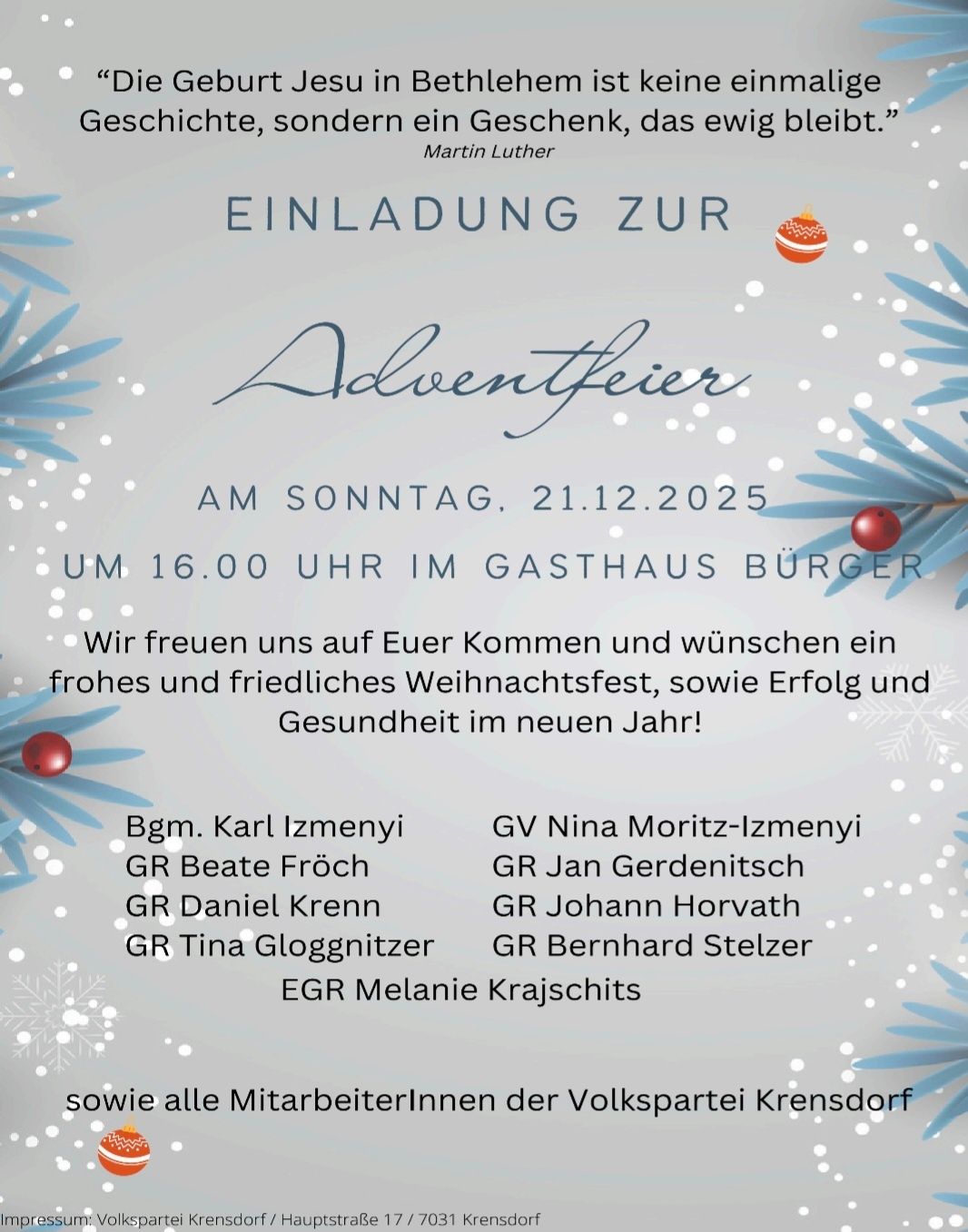 Eine Einladung zum Adventfeuer am Sonntag, 21.12.2025, um 16.00 Uhr im Gasthaus Burger. Wir freuen uns auf Ihren Besuch und wünschen Ihnen ein frohes und friedliches Weihnachtsfest sowie Erfolg und Gesundheit im neuen Jahr.