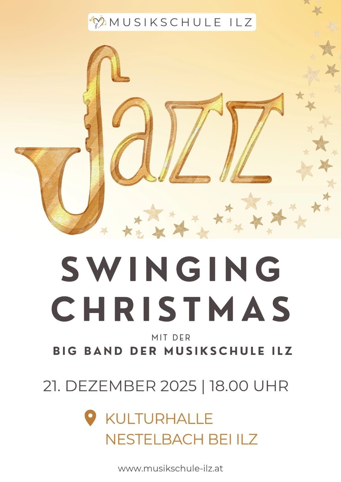 Swinging Christmas Jazz-Poster mit goldener Trompete und Sternen. Big Band der Musikschule Ilz, 21. Dezember 2025, 18:00