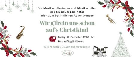 Weihnachtskonzerteinladung von Musikum Lamingtal mit Instrumenten, Datum und Veranstaltungsort.