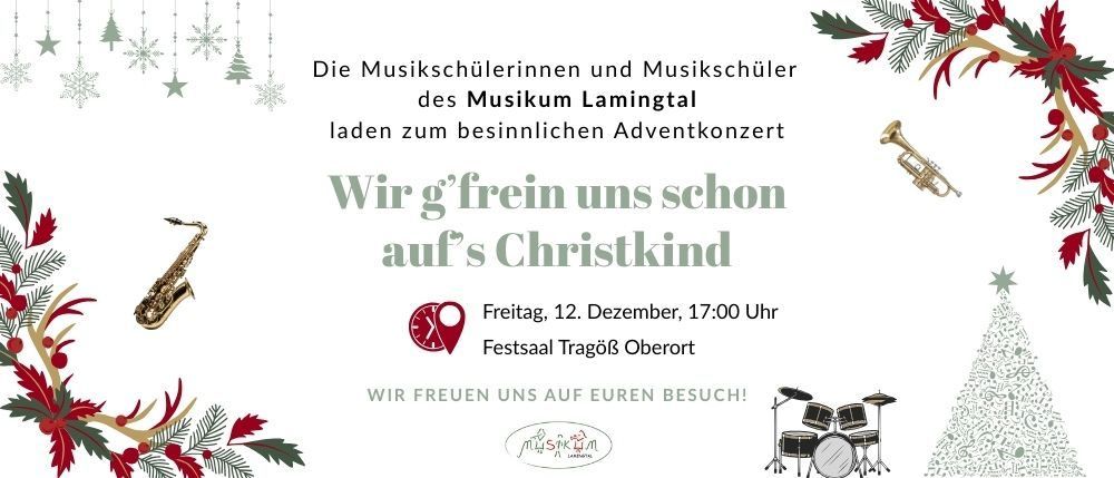 Weihnachtskonzerteinladung von Musikum Lamingtal mit Instrumenten, Datum und Veranstaltungsort.