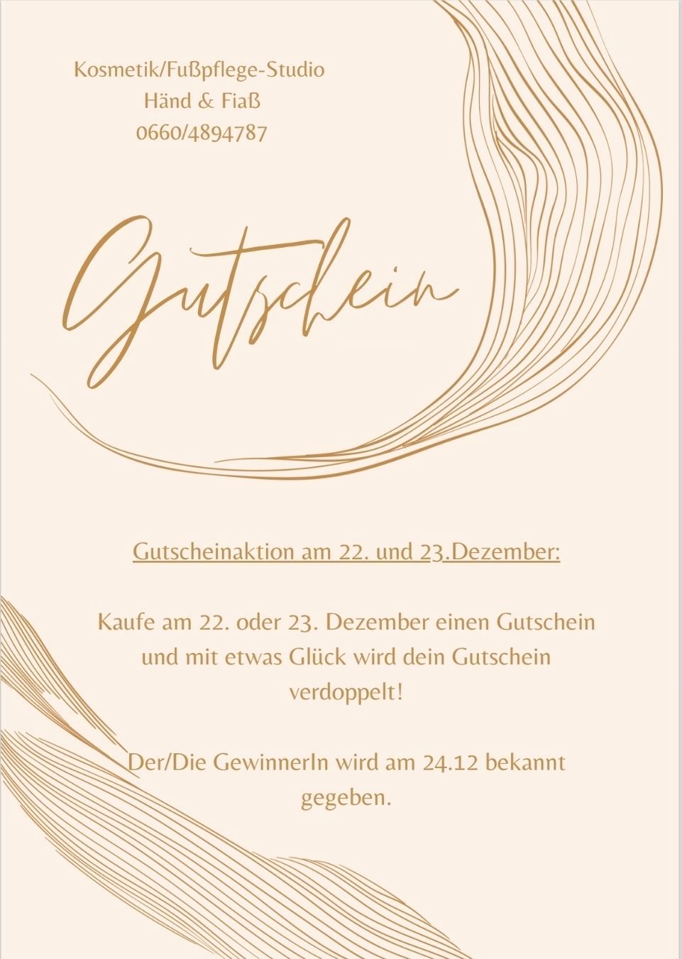 Das Bild zeigt eine Gutscheinaktion für den 22. und 23. Dezember. Kaufen Sie an diesen Tagen einen Gutschein und mit etwas Glück wird Ihr Gutschein verdoppelt. Die Gewinner werden am 24. Dezember bekannt gegeben.