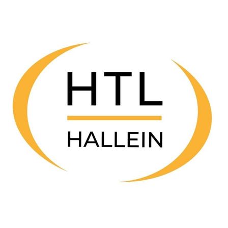 Das Logo für HTL Hallein, mit den Buchstaben 'HTL' in schwarz und weiß mit gelbem Umriss. Darunter steht das Wort 'HALLEIN' in schwarz geschrieben.