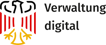 Das Bild zeigt das Logo für 'Verwaltung digital'. Es zeigt einen stilisierten Adler mit ausgebreiteten Flügeln vor einem Hintergrund aus roten und weißen Streifen. Der Text 'Verwaltung digital' ist in Schwarz geschrieben.