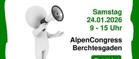 Plakat für den 13. Informationstag Beruf & Studium mit einer Figur mit Megaphon. Veranstaltung für Schüler, Eltern und Lehrkräfte. Datum: 24.01.2026, 9-15 Uhr. Ort: AlpenCongress Berchtesgaden. Eintritt frei. Organisiert von Jugend-Treff.5. Kontakt: jugendtreff.5@gmail.com.