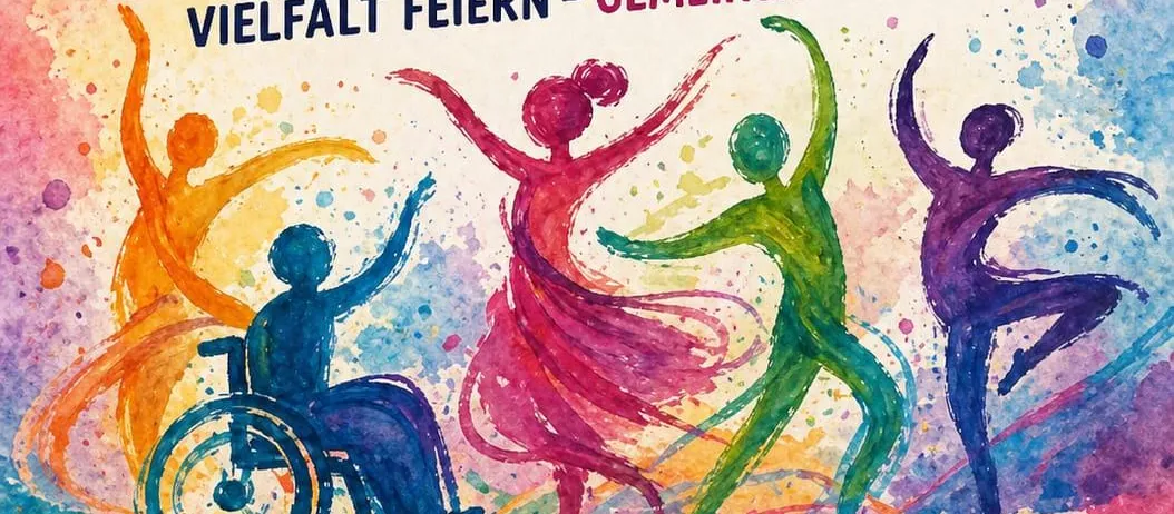 Ein inklusives Tanzereignis mit einer vielfältigen Gruppe von Menschen, die in einem farbenfrohen und lebendigen Stil tanzen. Das Datum der Veranstaltung ist der 26.06.2026.